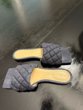 Bottega Veneta Quilted Denim Slide Mules in Charcoal Gray